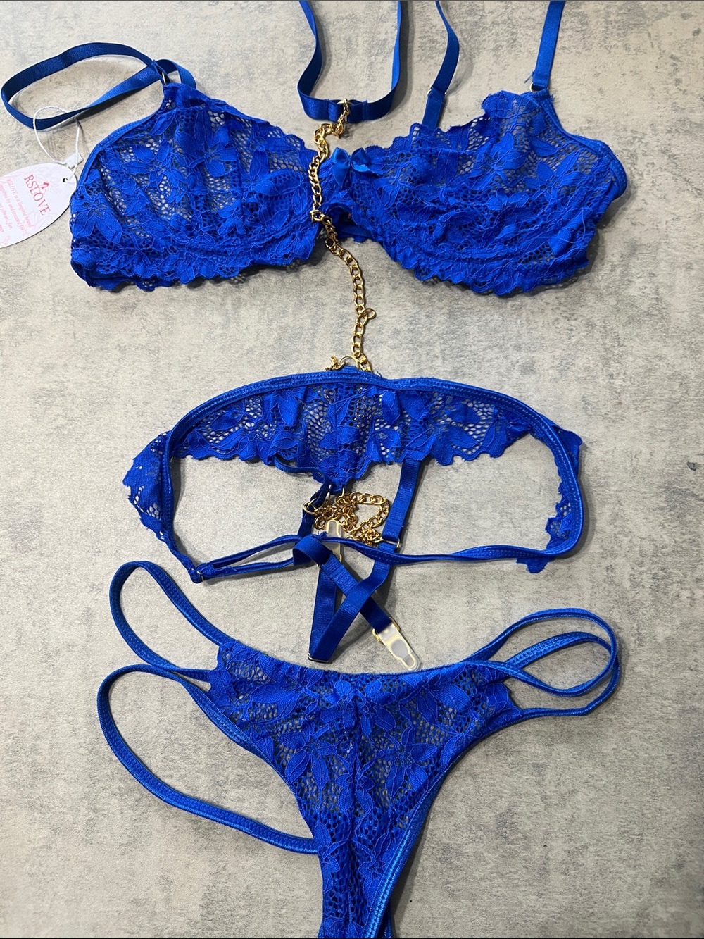 SHEIN Royal Blue Lace Strappy Lingerie Set with Gold Chain Accents